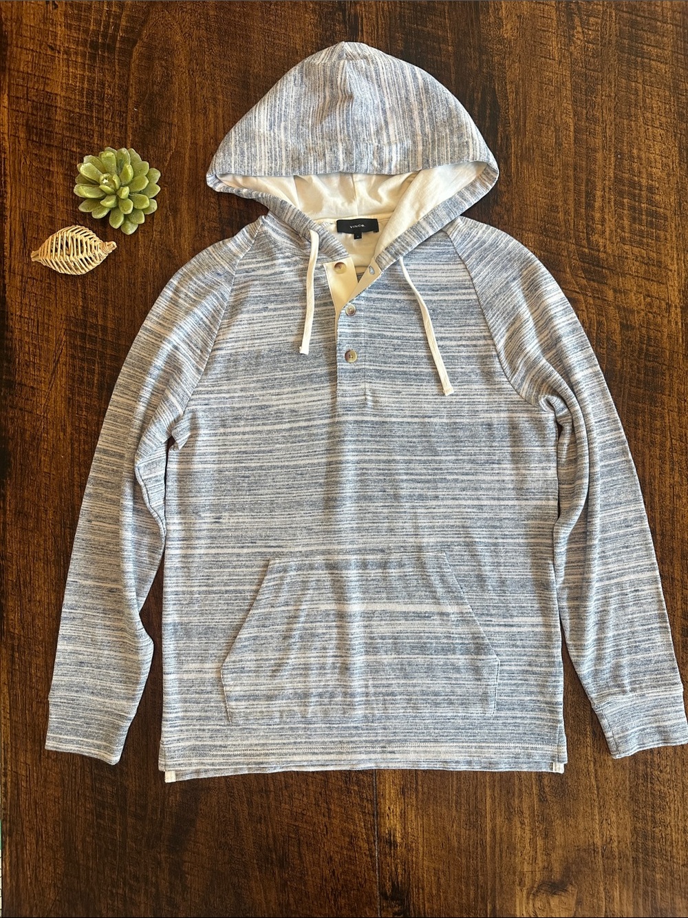Vince. | Blue Marled/Space Dye Knit Hooded Henley Pullover Sweater, Size S